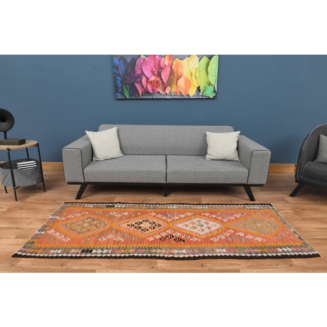 1970s Vintage Turkish Handmade Wool Cotton Orange Runner Rug For Sale - Image 4 of 11