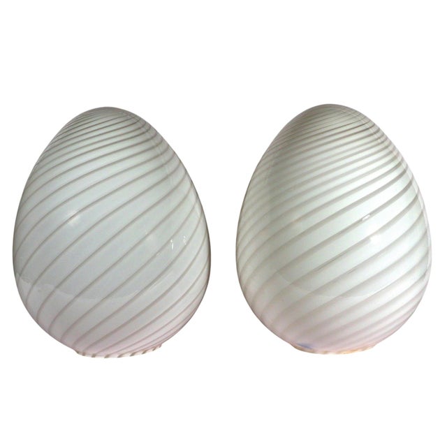 1970s Murano Glass Egg Lamps, Pair of Large White Swirl Opaline Lamps For Sale - Image 5 of 10