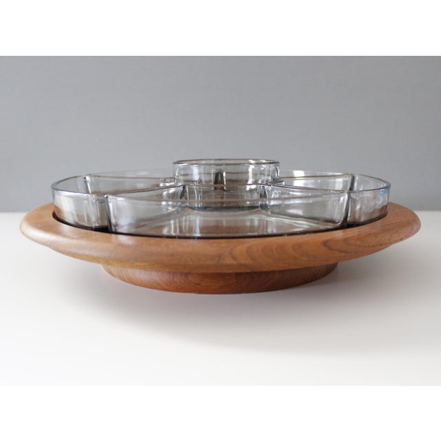 Digsmed Teak Lazy Susan Serving Tray With Removable Glass Dish Inserts