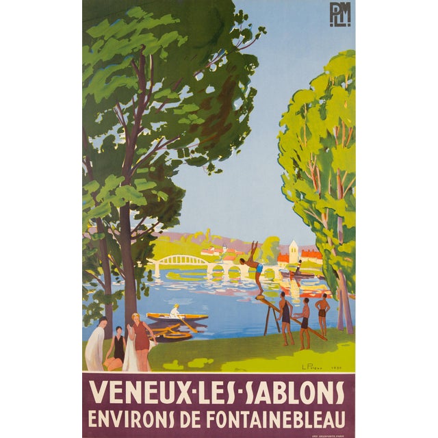 Art Deco Veneux-Les-Sablons L. Prieur 1930 French PLM Swimming Boating Travel Poster For Sale - Image 3 of 3