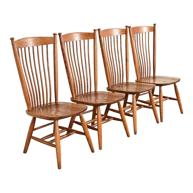 Stickley Style American Colonial Solid Oak Spindle Back Windsor Dining Chairs, Set of Four For Sale