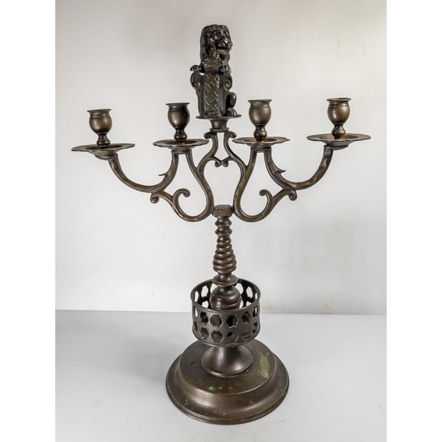 Rustic European 19th Century European Bronze Candlestick With Lion and Amsterdam City Shield For Sale - Image 3 of 18