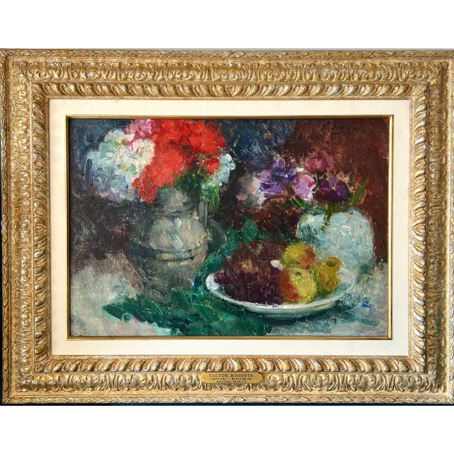 Victor Simonin (Belgian, 1877-1946). An antique oil painting on board titled "Still Life of Flower and Fruit." This...