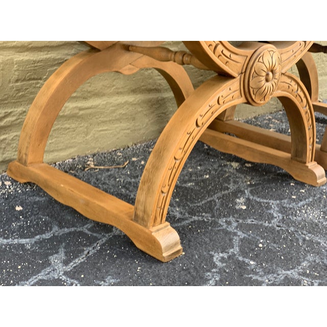 19th Carved Walnut Leather Savonarola Bench or Settee - a Pair For Sale - Image 12 of 12