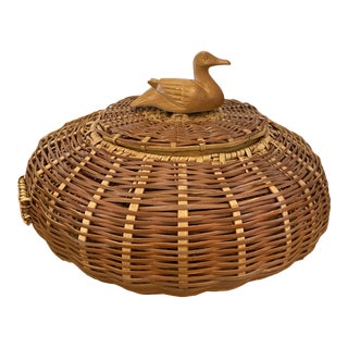 Vintage Wicker Woven Basket With Wood Duck Topper For Sale