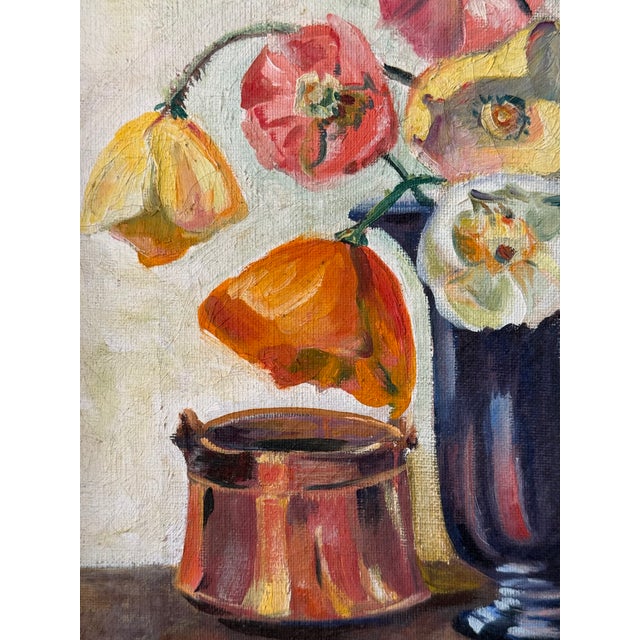 Vintage Mid-Century Oil on Canvas Still Life of Poppies & Copper Pot, Framed For Sale - Image 11 of 16