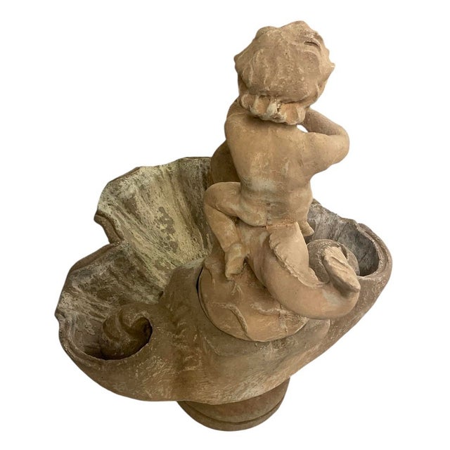 2000 - 2009 Vintage Classical Cast Stone Cherub on Dolphin Garden Fountain For Sale - Image 5 of 12