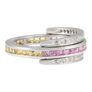Solid 18k White Gold Channel Set Multi Sapphire Diamond Wedding Ring Size 7 For Sale