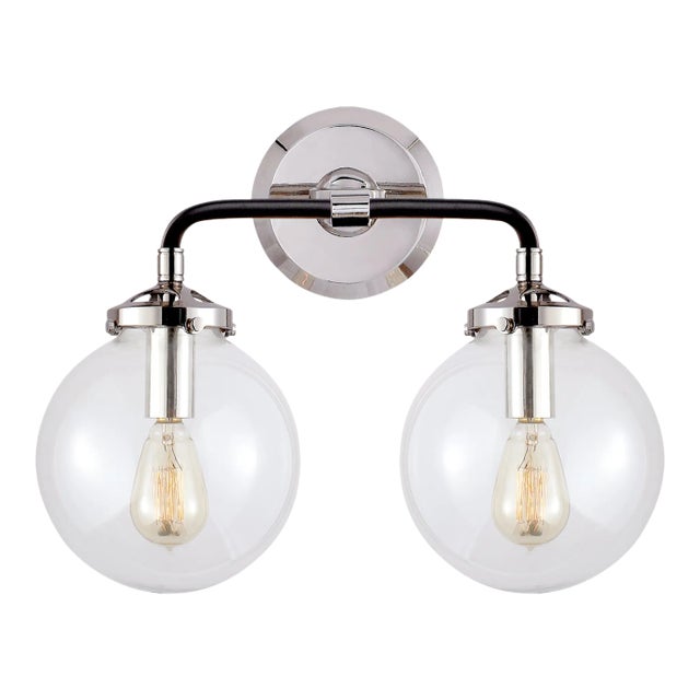 Ian K. Fowler for Visual Comfort Signature Bistro Double Light Curved Sconce in Polished Nickel & Black with Clear Glass For Sale