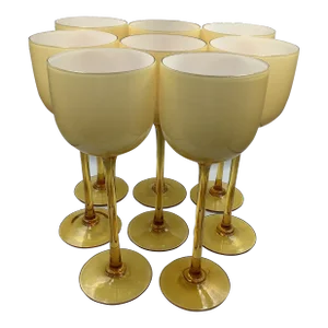 Vintage Carlo Moretti Italy Amber White Cased Glass Tall Stem Wine Glasses - Set of 8