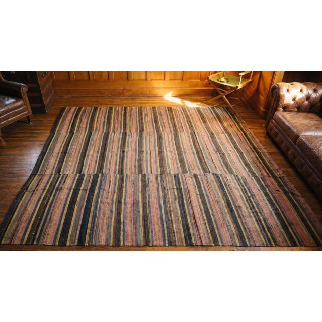 1880s Multicolor Stripe Antique American Rag Rug 8'9" X 9'5" Knotted Wool Carpet For Sale - Image 9 of 9