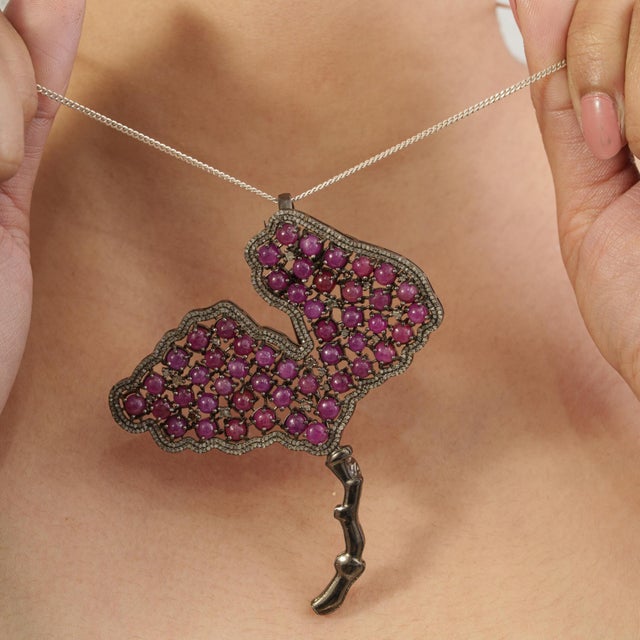 Metal Art Deco Style Tutti Frutti Ruby & Diamond Ginkgo Leaf Brooch Pendant in Sterling Silver For Sale - Image 7 of 15
