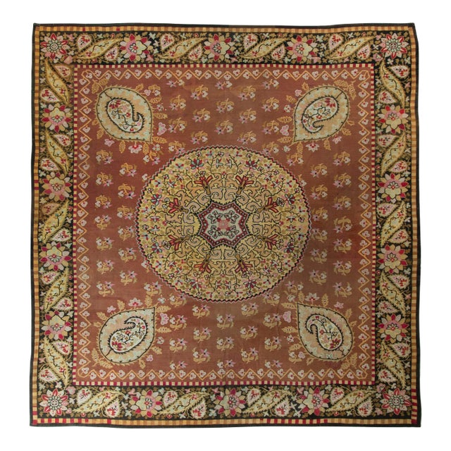 19th Century Antique Aubusson Flatweave Rug, Brown, Pink, Gold Medallion Pattern For Sale