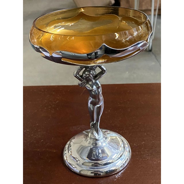 Metal 1930s Chrome Farberware Nude Women Art Deco Compote with Amber Glass Cup For Sale - Image 7 of 11