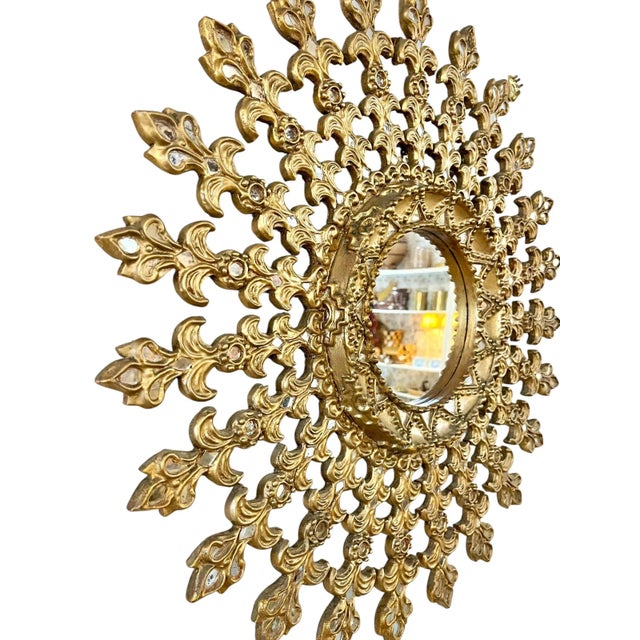 Mid-Century Modern Large Mid-Century Giltwood Sunburst Mirror With Intricate Carved Detail For Sale - Image 3 of 18