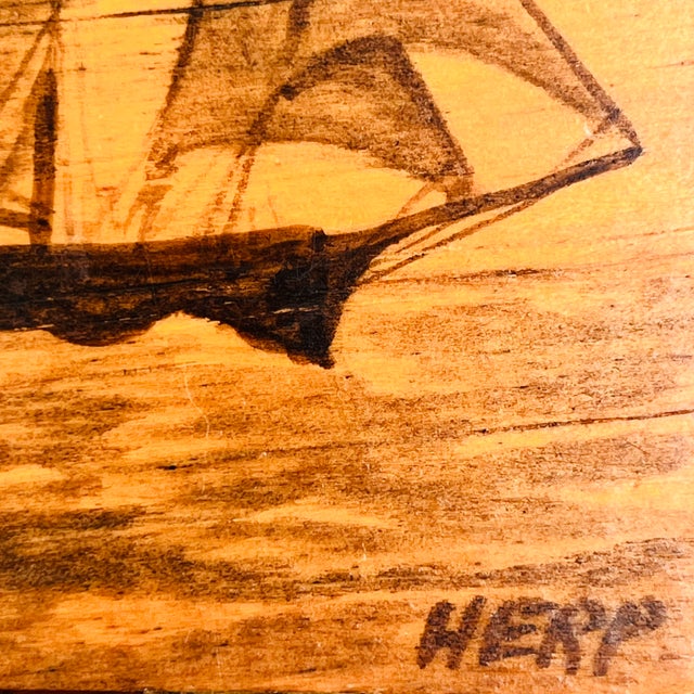 Tan Vintage Folk Art Pen & Ink Petite Sailboat Art, Signed - Nautical Wood Plaques - Set of 2 For Sale - Image 8 of 18