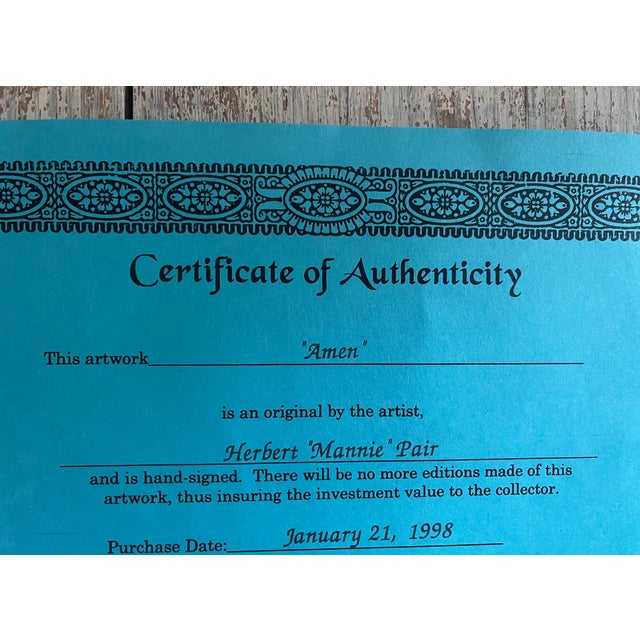 Original Artwork "Amen" by Herbert Mannie Pair African American Artist Coa 1998 Framed For Sale - Image 10 of 12