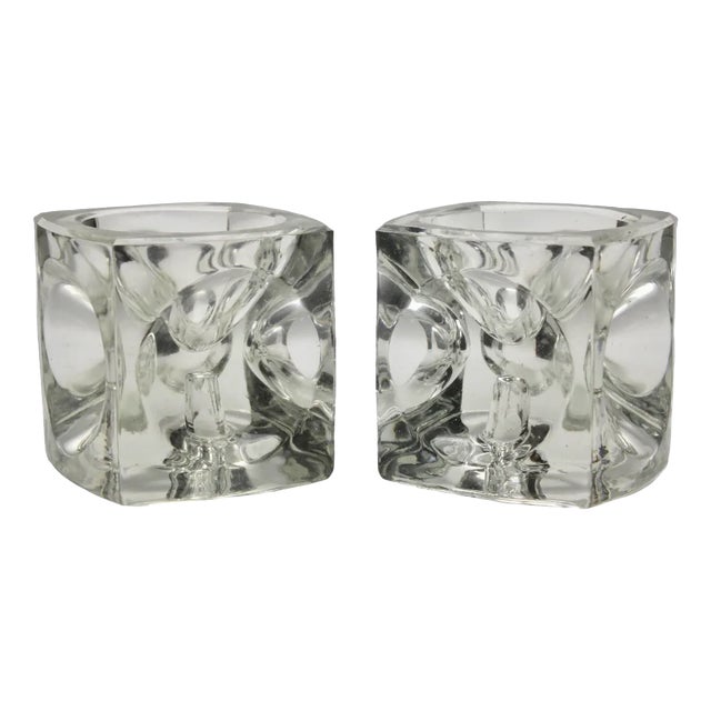 Glass Ice Cube Candlesticks from Peill & Putzler, Set of 2 For Sale