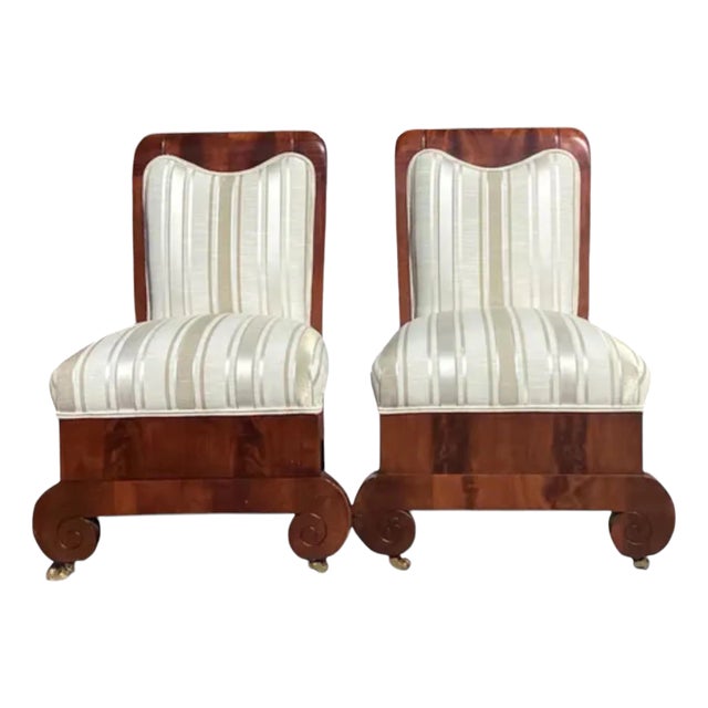 Pair of Unusual Antique Art Deco Mahogany Slipper Chairs For Sale