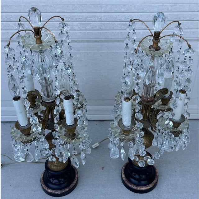 French Antique Girandole Candelabra Crystal Chandelier Table Lamps - a Pair For Sale - Image 16 of 18