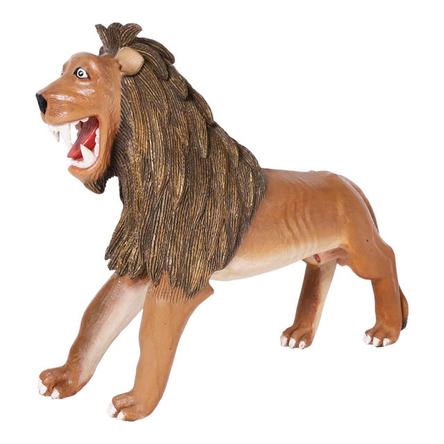 Vintage Carved Wood Folk Art Lion For Sale