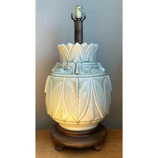 Vintage Glazed Ceramic Table Lamp With Wood Base For Sale - Image 4 of 12