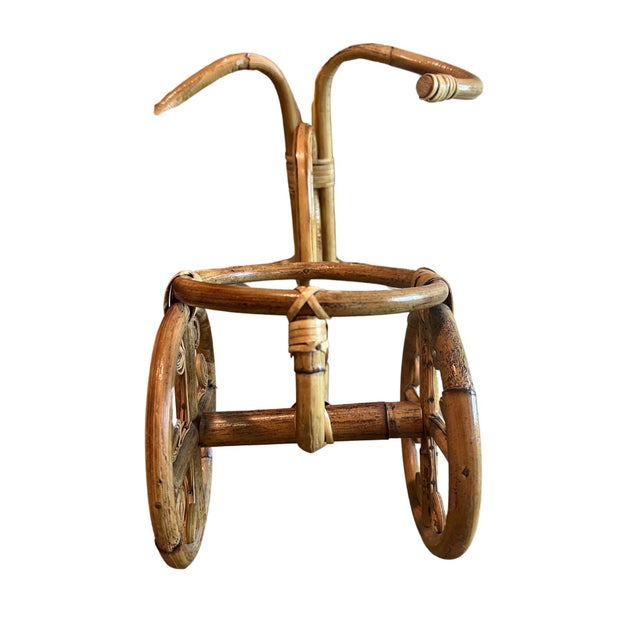 Vintage Bamboo & Rattan Tricycle Planter - Faux Plant Included For Sale In Los Angeles - Image 6 of 12