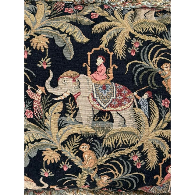 A beautiful pair of vintage custom made chinoiserie tapestry pillows with a central “elephant & rider” image on all sides....