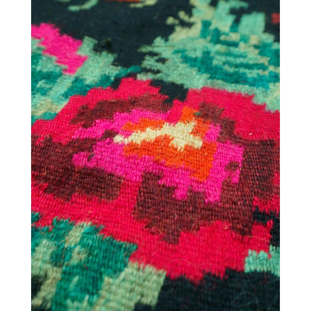 Vintage Romanian-Moldovan Handwoven Wool Flatweave Rug with Dark Floral Folk Pattern and Fringe, 1970s For Sale - Image 6 of 14
