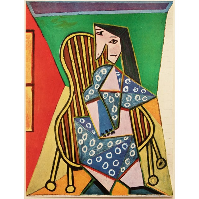 A stunning period vintage offset lithograph, full-color print, after Cubist painting "Femme Assise" (Seated Woman, 1941)...