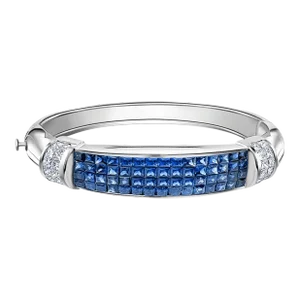 Invisible Set 19 Carat Square Blue Sapphire & Diamond Bangle in 14k White Gold