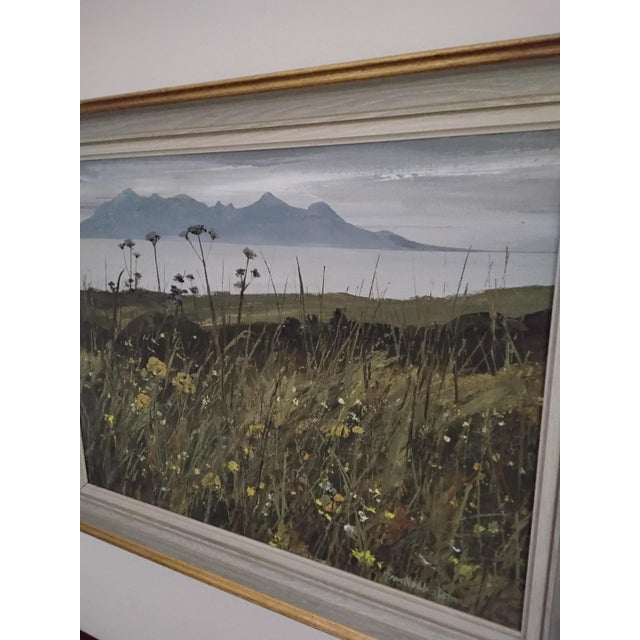 Oil on Board by Jim Nicholson of the Scottish Island of Rhum from Eigg. Nicholson was originally from Otley in Yorkshire...