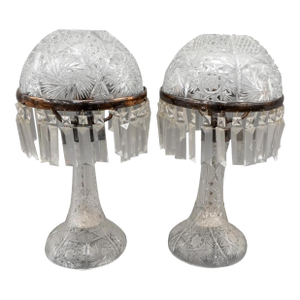 Late 20th Century Pair American Brilliant Cut Crystal Mushroom Lustre Table Lamps