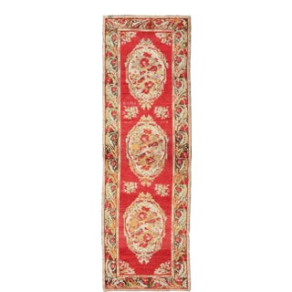 Red and Green Antique Turkish Oushak Runner With Three Floral Medallions For Sale