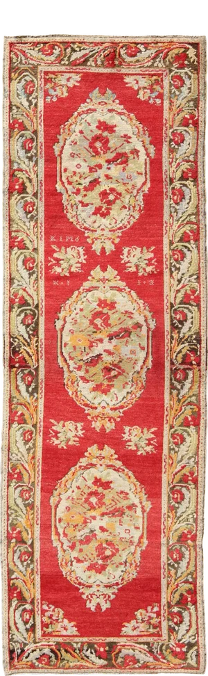 Red and Green Antique Turkish Oushak Runner With Three Floral Medallions