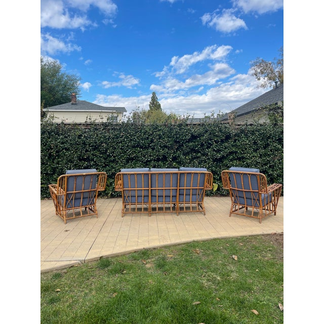 1930s 1930s Attributed to Heywood-Wakefield Stick Rattan Art Deco 3-Piece Suite (Sofa + Pair of Lounge Chairs Set) For Sale - Image 5 of 8