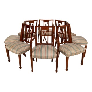 1950s Flame Mahogany Regency Style Dining Chairs – Sculpted Arms & Inlaid X-Backs - Set of 8 For Sale