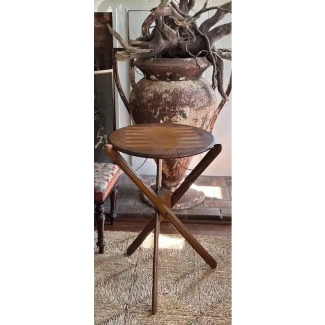 Mid-Century Modern 1940’s American Marquetry Top Tri-Pod Side Table, Game Table With Chain Swag Detail For Sale - Image 3 of 9