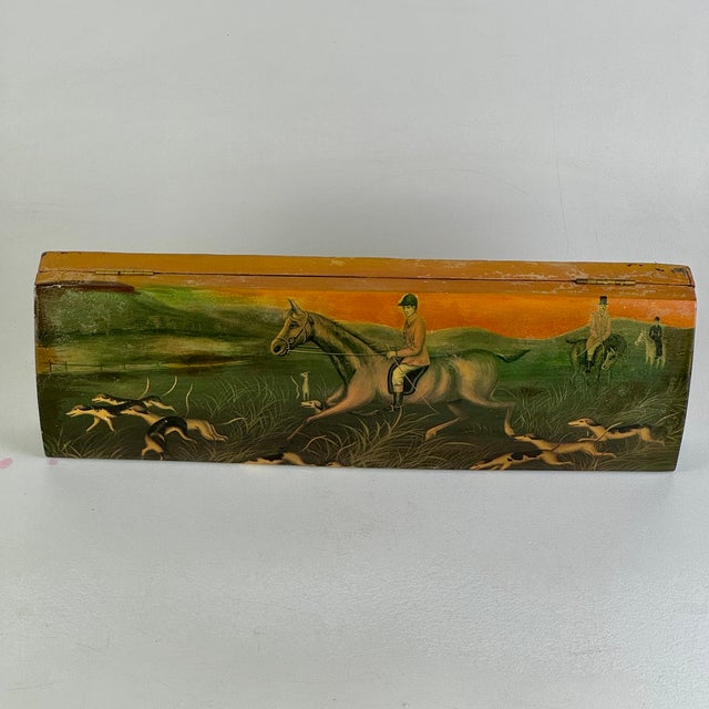 An Old Vintage Elongated Keepsake Box With Horse Rider & Dogs Hunting Scene For Sale - Image 4 of 11