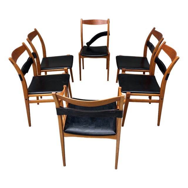 Dux Yngve Ekström Remus Teak Leather Dining Side Captains Chairs Danish Lot 6 For Sale