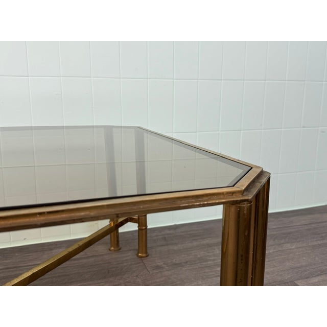 Vintage Hollywood Regency Style Brass and Smoked Glass Coffee Table, 1970s For Sale - Image 9 of 17