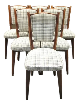Set of 6 French Art Deco Mahogany Herringbone Upholstered Side Dining Chairs, 1930s