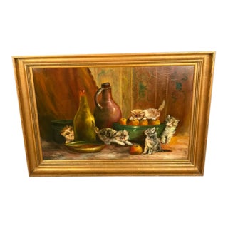European Oil on Canvas Still Life With Kittens, Fruit and Bottles, Signed De Beer, Circa 1940 For Sale
