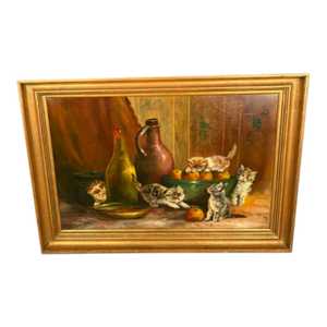 European Oil on Canvas Still Life With Kittens, Fruit and Bottles, Signed De Beer, Circa 1940