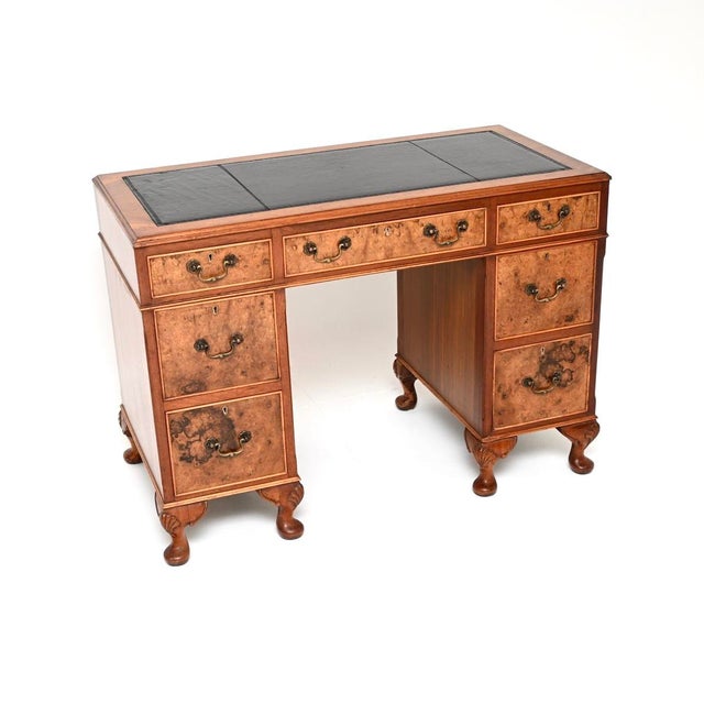 Antique Burr Walnut Pedestal Desk with Leather Top, 1930 For Sale - Image 9 of 9