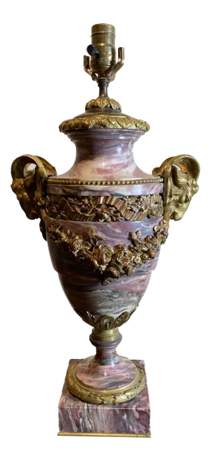 French Breche Violette Marble Urn Lamp With Gilt Rams Head and Swags