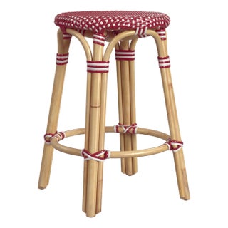 Tobias 24 in. Seat Height Round Rattan Backless Counter Stool, Red/White Dot/ Natural Rattan Frame For Sale