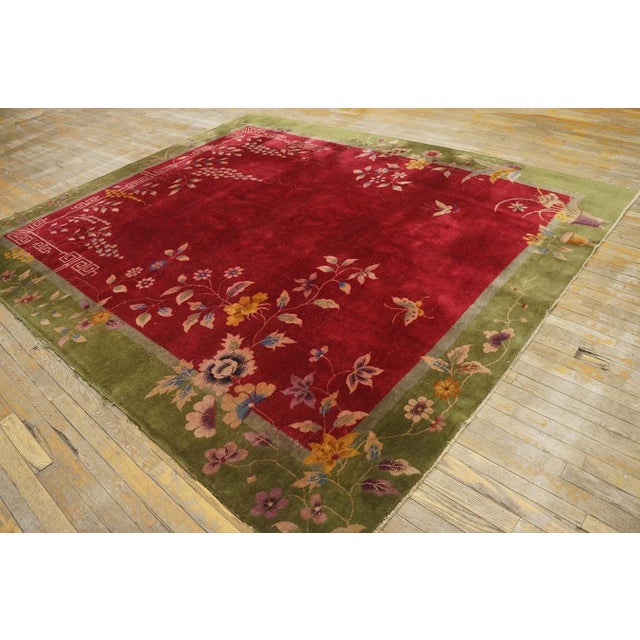 Art Deco Magistral Red Rust Background and Green Border Color With Floral Design Antique Chinese Art Deco Rug For Sale - Image 3 of 12