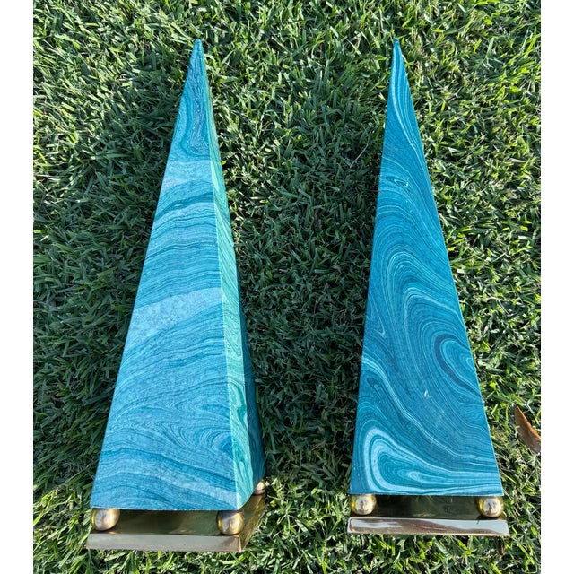 Vintage Faux Malachite Obelisk Sculptures With Brass Bases, Pair For Sale - Image 12 of 12
