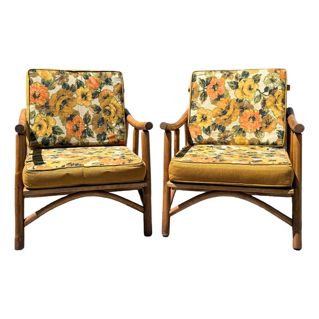 Pair of Vintage Rattan Bamboo Armchairs by Crown Casual Furniture Corp. For Sale
